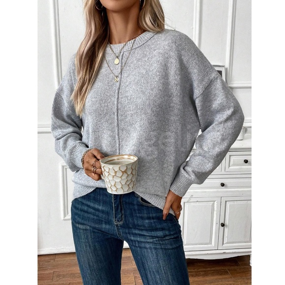 Gray Knit Pullover Loose Fit Sweater Long Sleeve Drop Shoulder - Picture 3 of 7